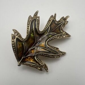 Vintage Liz Claiborne Signed LC Oak Leaf Brooch Pin Enamel Gold Tone 1990s Fall